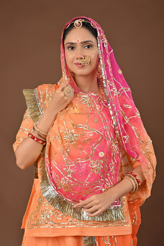 Multi Shaded Odhna Traditional Rajputi Poshak in Pure Georgette with Charkhi Gota with tiki Work