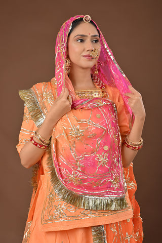 Multi Shaded Odhna Traditional Rajputi Poshak in Pure Georgette with Charkhi Gota with tiki Work