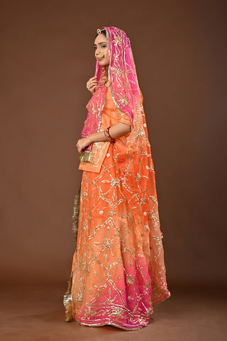 Multi Shaded Odhna Traditional Rajputi Poshak in Pure Georgette with Charkhi Gota with tiki Work