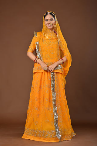 Yellow Rajputi Poshak with Ulti Katori sequins in Pure Georgette