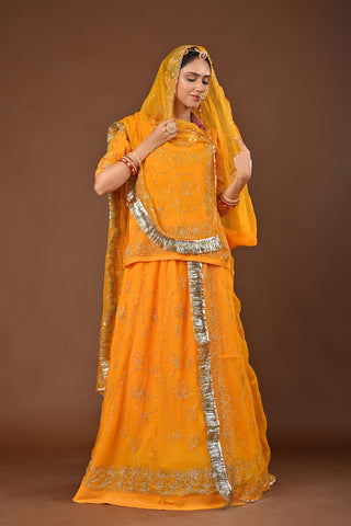 Yellow Rajputi Poshak with Ulti Katori sequins in Pure Georgette