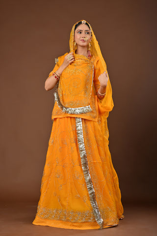 Yellow Rajputi Poshak with Ulti Katori sequins in Pure Georgette