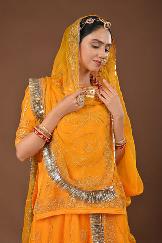 Yellow Rajputi Poshak with Ulti Katori sequins in Pure Georgette