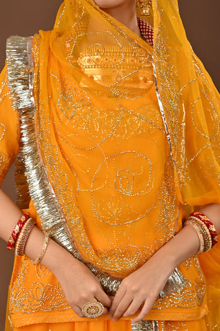 Yellow Rajputi Poshak with Ulti Katori sequins in Pure Georgette