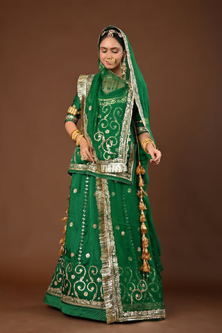 Green Pure Georgette Rajputi Poshak featuring Zero Gota Patti with tiki Embroidery