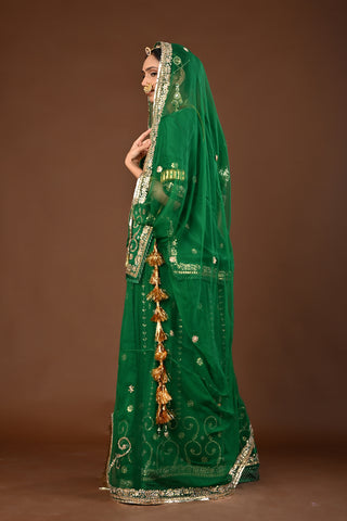 Green Pure Georgette Rajputi Poshak featuring Zero Gota Patti with tiki Embroidery