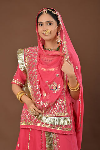 Gajari Rajputi Poshak with Gota Patti with kundan in Faux Georgette