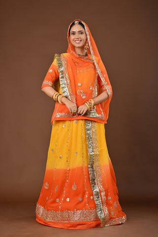 Yellow Orange Shaded Rajputi Poshak with Zero Gota Patti in Pure Georgette