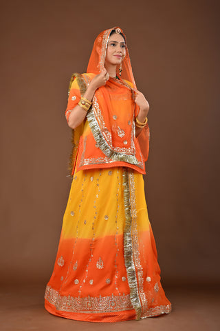 Yellow Orange Shaded Rajputi Poshak with Zero Gota Patti in Pure Georgette