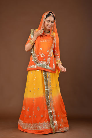 Yellow Orange Shaded Rajputi Poshak with Zero Gota Patti in Pure Georgette