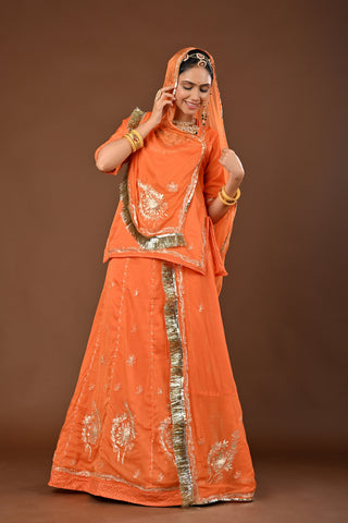 Peach Faux Georgette Rajputi Poshak featuring Aari Pittan with kasab Embroidery