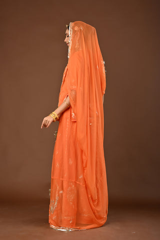 Peach Faux Georgette Rajputi Poshak featuring Aari Pittan with kasab Embroidery
