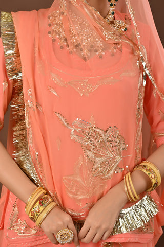 Peach Rajputi Poshak with Aari Pittan with kasab in Pure Georgette