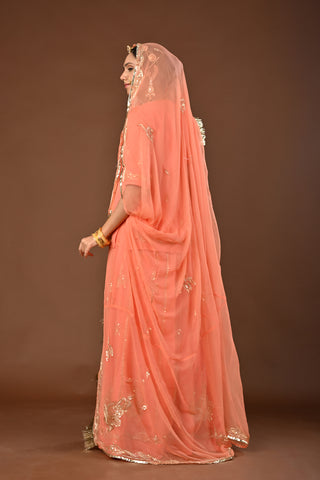 Peach Rajputi Poshak with Aari Pittan with kasab in Pure Georgette