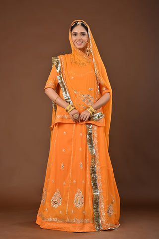Yellow Faux Georgette Rajputi Poshak featuring Aari Pittan with kasab Embroidery