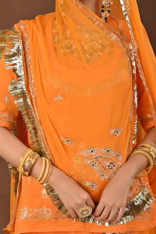 Yellow Faux Georgette Rajputi Poshak featuring Aari Pittan with kasab Embroidery