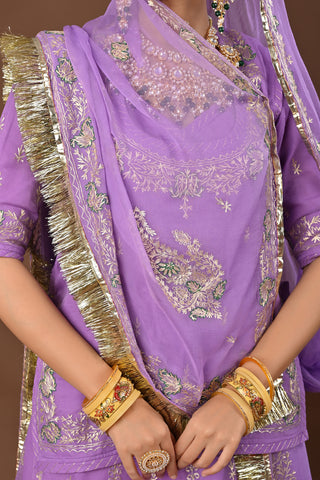 Lavender Pure Georgette Rajputi Poshak featuring Jamdani Aari Pittan Embroidery