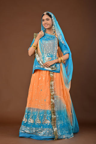 Peach Firozi Shaded Pure Georgette Rajputi Poshak featuring Aari Pittan with kasab Embroidery