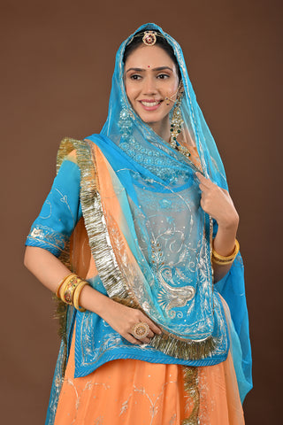 Peach Firozi Shaded Pure Georgette Rajputi Poshak featuring Aari Pittan with kasab Embroidery