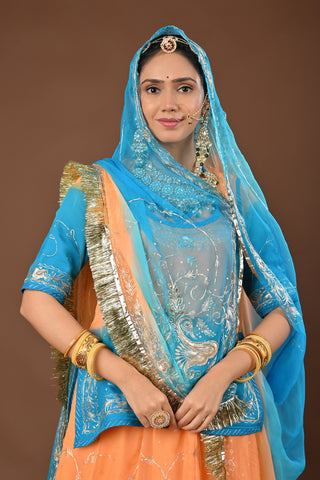 Peach Firozi Shaded Pure Georgette Rajputi Poshak featuring Aari Pittan with kasab Embroidery