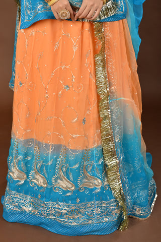 Peach Firozi Shaded Pure Georgette Rajputi Poshak featuring Aari Pittan with kasab Embroidery