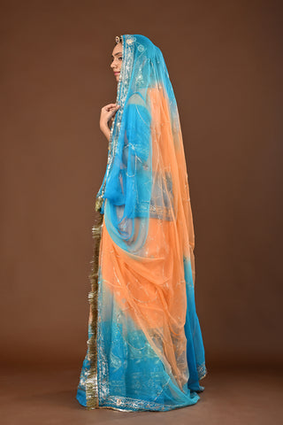 Peach Firozi Shaded Pure Georgette Rajputi Poshak featuring Aari Pittan with kasab Embroidery