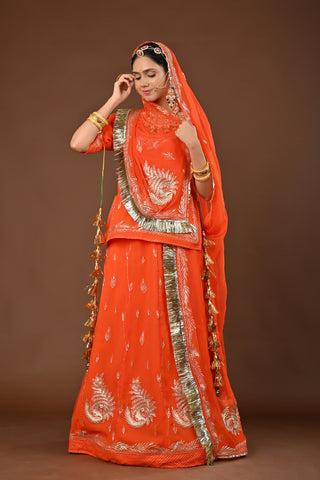Orange Traditional Rajputi Poshak in Pure Georgette with Jamdani Aari Pittan Work