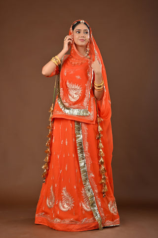 Orange Traditional Rajputi Poshak in Pure Georgette with Jamdani Aari Pittan Work