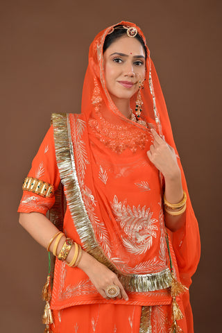 Orange Traditional Rajputi Poshak in Pure Georgette with Jamdani Aari Pittan Work