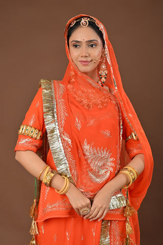 Orange Traditional Rajputi Poshak in Pure Georgette with Jamdani Aari Pittan Work