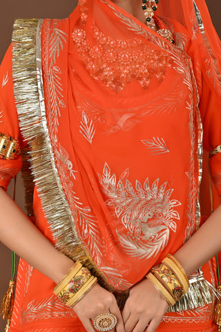 Orange Traditional Rajputi Poshak in Pure Georgette with Jamdani Aari Pittan Work