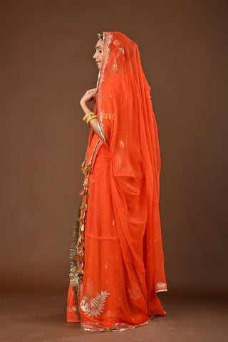 Orange Traditional Rajputi Poshak in Pure Georgette with Jamdani Aari Pittan Work