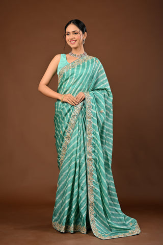 Designer Teal Green Tussar silk Saree adorned with Lehariya Saree with Marodi and Gota