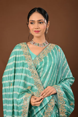 Designer Teal Green Tussar silk Saree adorned with Lehariya Saree with Marodi and Gota