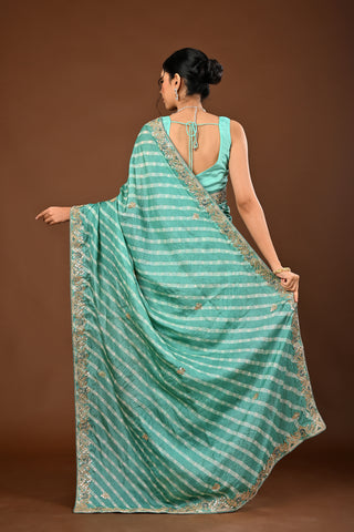 Designer Teal Green Tussar silk Saree adorned with Lehariya Saree with Marodi and Gota