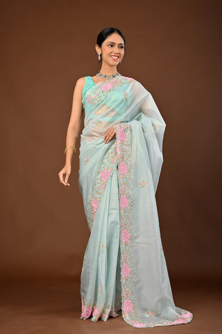 Sky Blue Crush Tissue Saree with Cutdana and Coloured Sequins