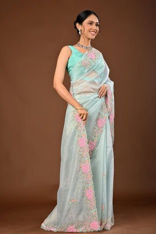 Sky Blue Crush Tissue Saree with Cutdana and Coloured Sequins