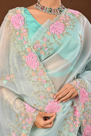 Sky Blue Crush Tissue Saree with Cutdana and Coloured Sequins