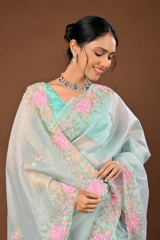 Sky Blue Crush Tissue Saree with Cutdana and Coloured Sequins