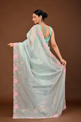 Sky Blue Crush Tissue Saree with Cutdana and Coloured Sequins