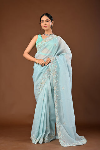 Sky Blue Saree in Crush Tissue featuring Cutdana and Pearl with Heavy Sequins
