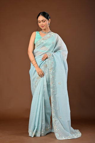 Sky Blue Saree in Crush Tissue featuring Cutdana and Pearl with Heavy Sequins
