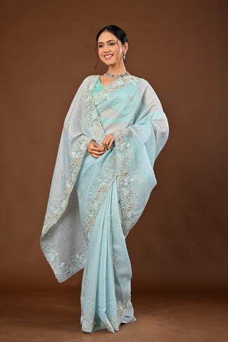 Sky Blue Saree in Crush Tissue featuring Cutdana and Pearl with Heavy Sequins