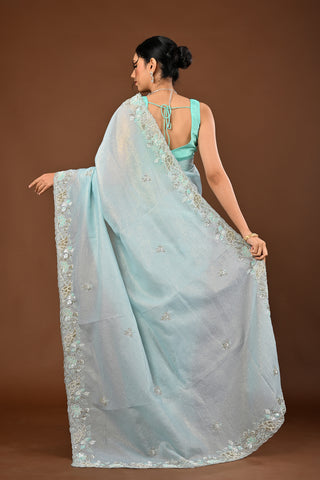 Sky Blue Saree in Crush Tissue featuring Cutdana and Pearl with Heavy Sequins