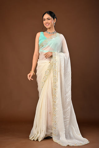 Designer Ivory - off white Glass Tissue Saree adorned with Sequins Flower with Aari