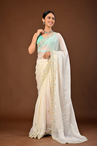 Designer Ivory - off white Glass Tissue Saree adorned with Sequins Flower with Aari