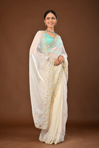 Designer Ivory - off white Glass Tissue Saree adorned with Sequins Flower with Aari