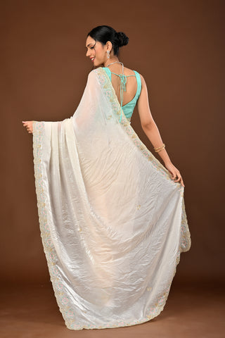 Designer Ivory - off white Glass Tissue Saree adorned with Sequins Flower with Aari