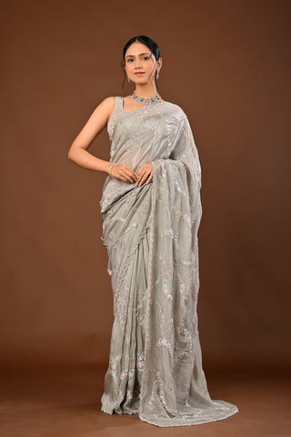 Grey Soft Silk Saree: Heavy Stone Jaal with Sequins and