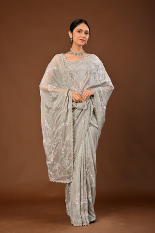 Grey Soft Silk Saree: Heavy Stone Jaal with Sequins and